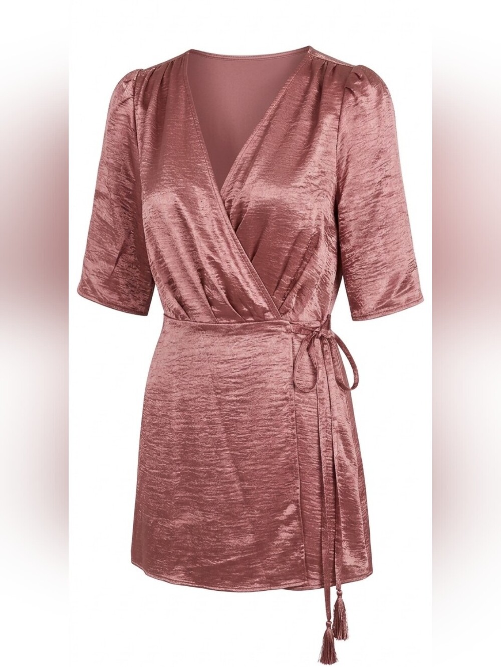 Express Satin Wrap Dress in Mauve Pink